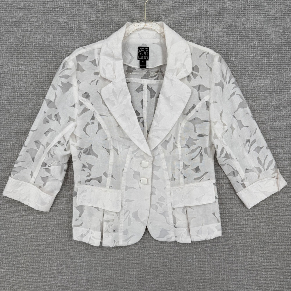 Clara Sunwoo Sheer Floral Blazer Women M White Lightweight Coastal Cottage Sheer